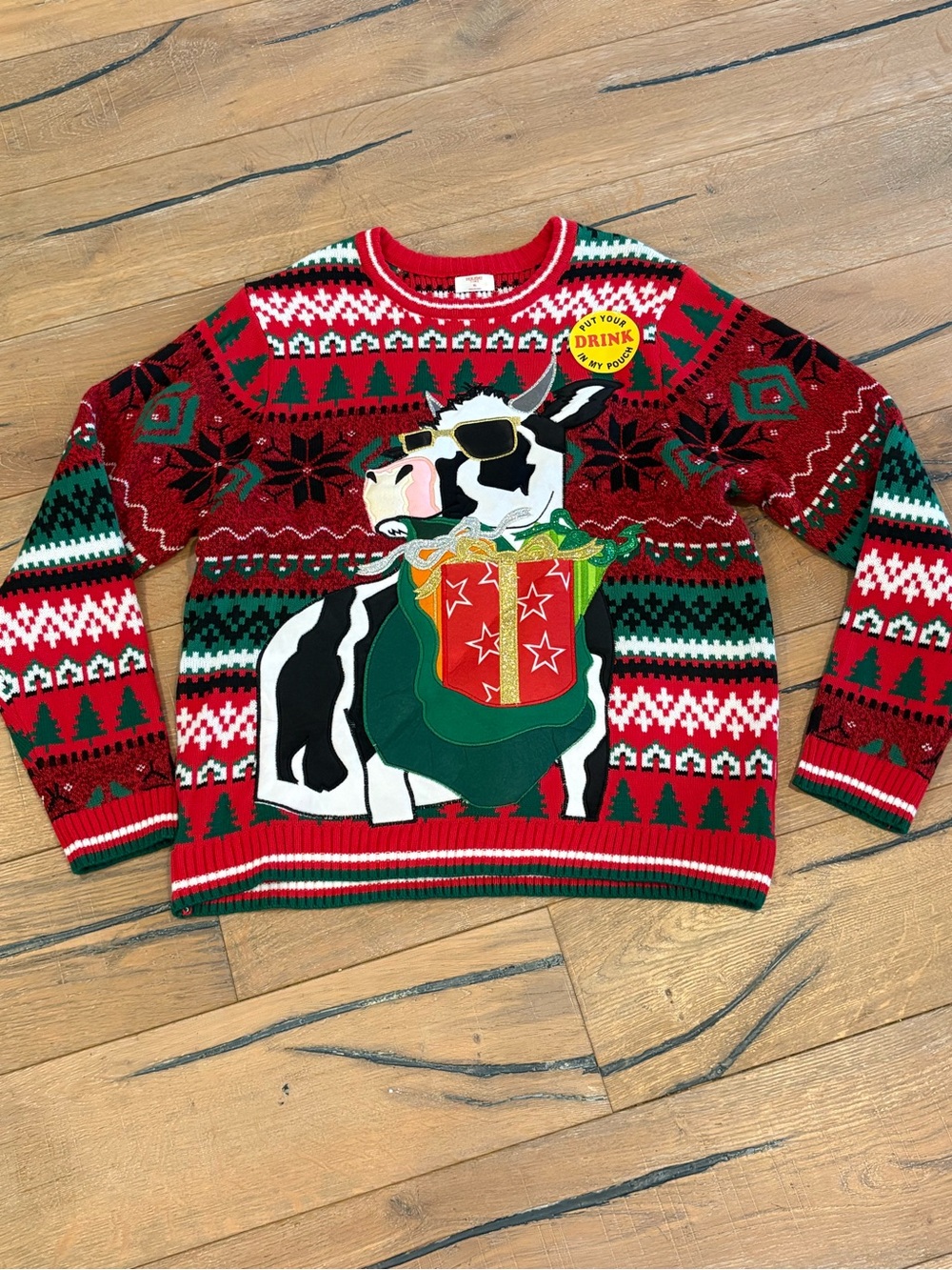 Holiday Time Funny Xmas Sweater Red & Green Cow Crewneck Sweater
